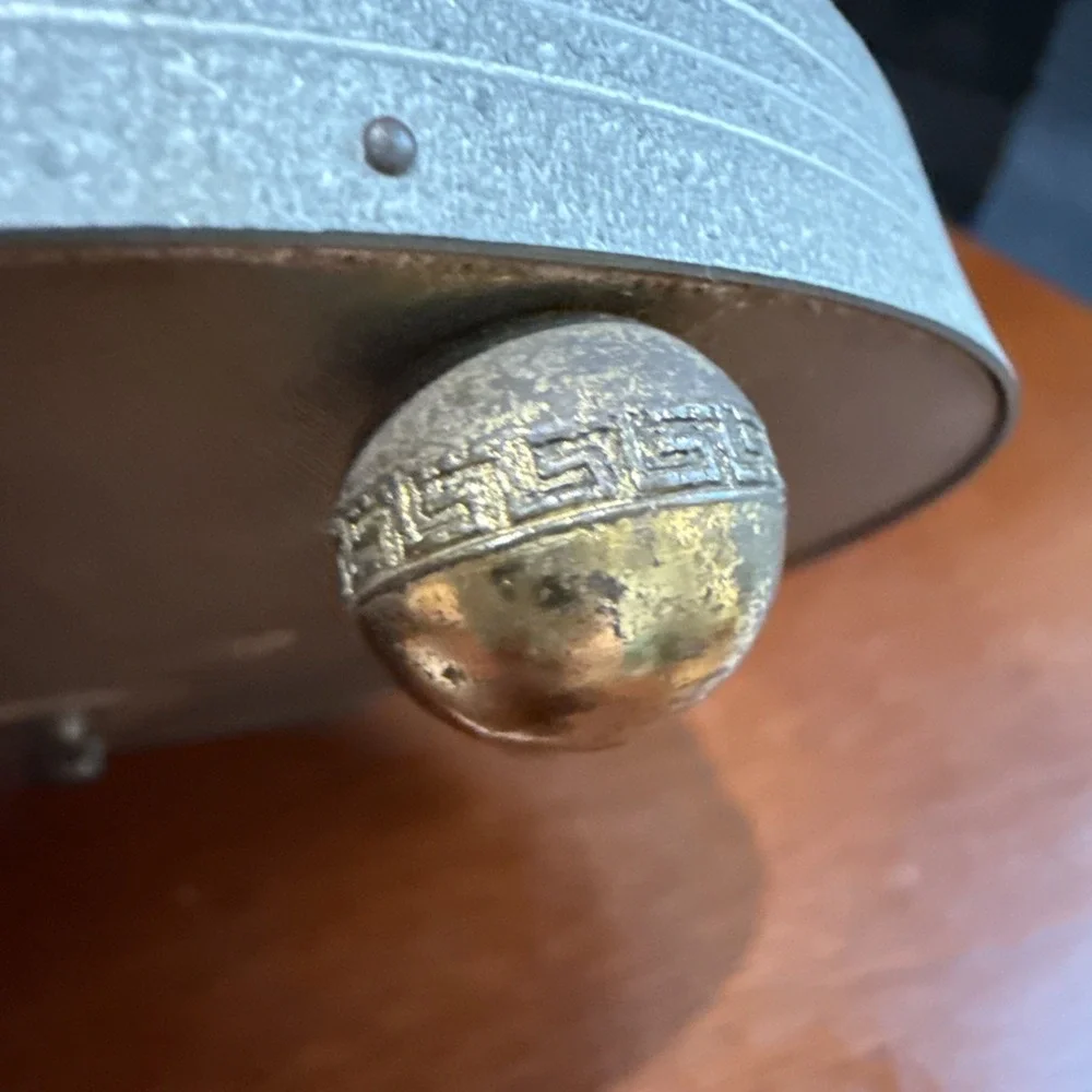 VTG Aluminum Musical Powder jar/vanity box Dogwood Band Bakelite Handle/Finial